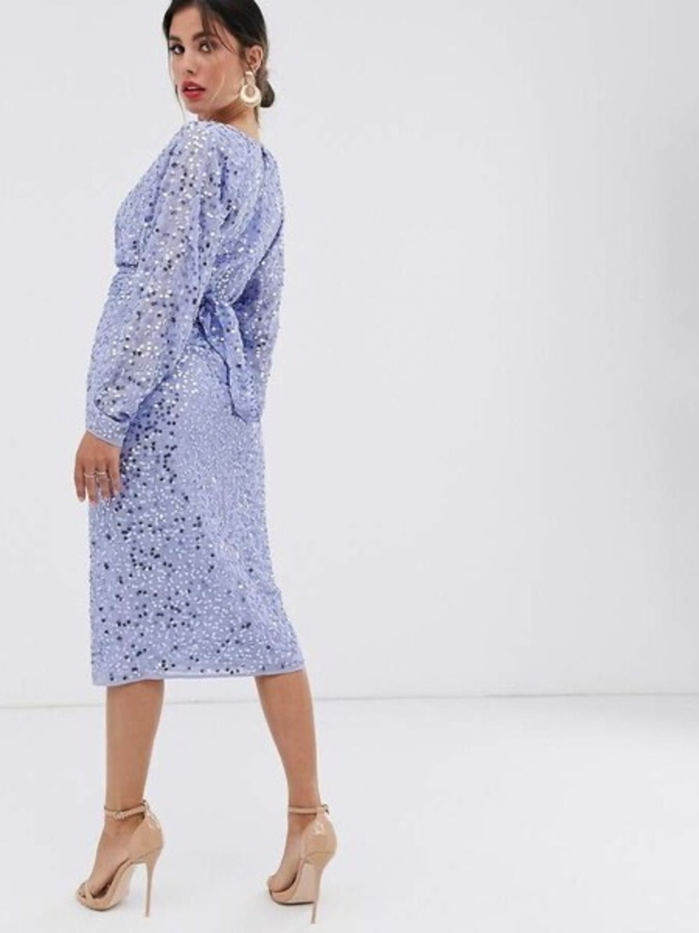 ASOS DESIGN Blue Sequin Twist Front Faux Wrap Midi Dress NWT